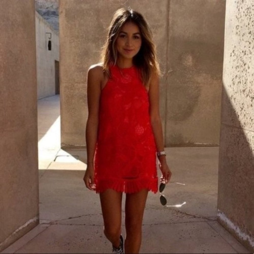 Monteau Red Lace Scalloped Bottom Sleeveless Mini Dress